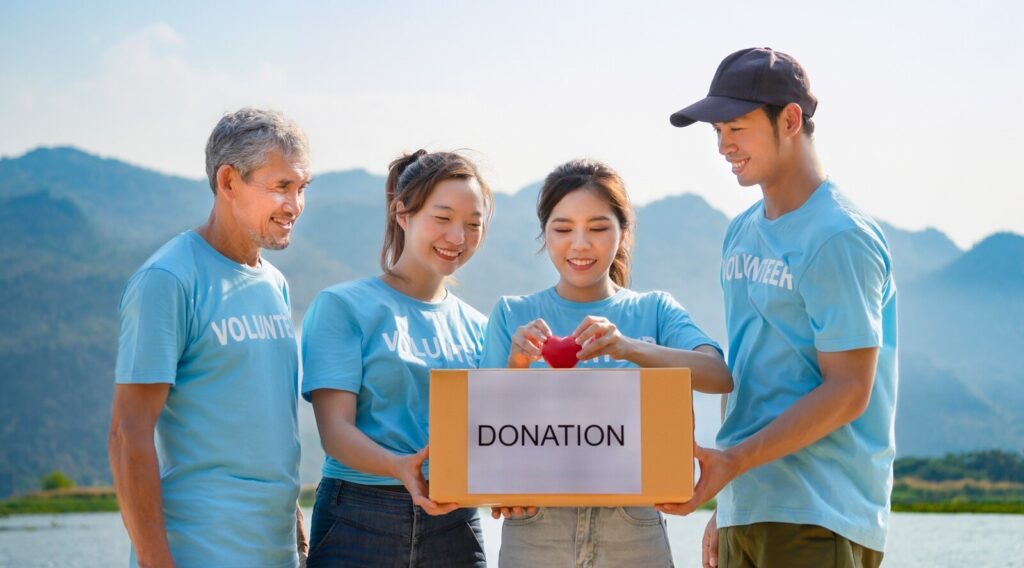 group of dedicated volunteers gathers at a scenic outdoor location