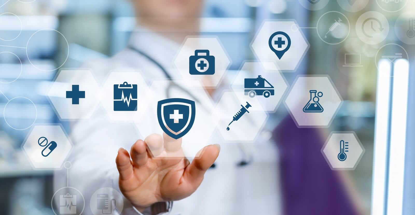 health worker puts the protection of health on blurred background