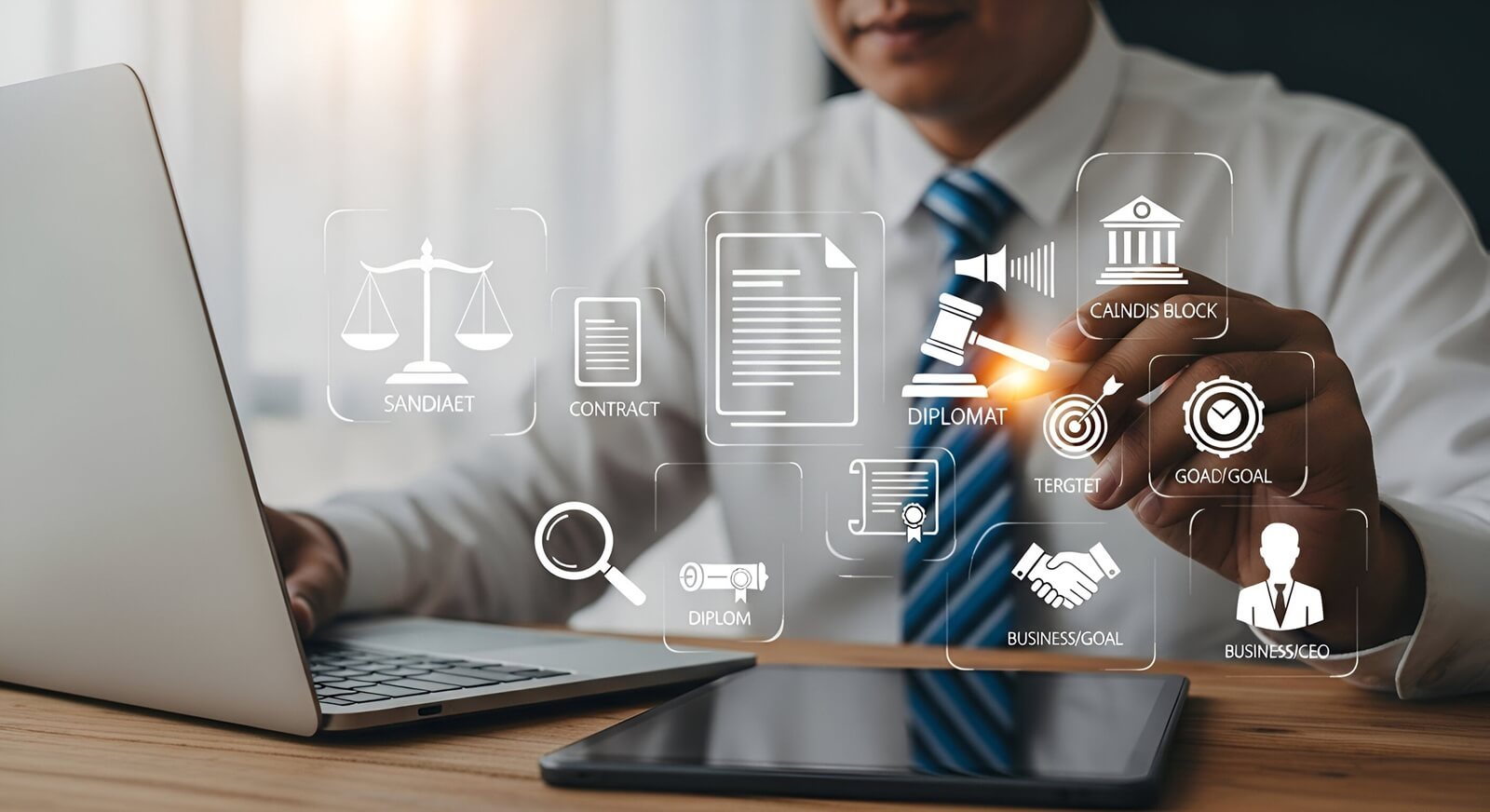man in a white shirt and blue tie is using a laptop and tablet, interacting with a holographic interface displaying various business and legal icons