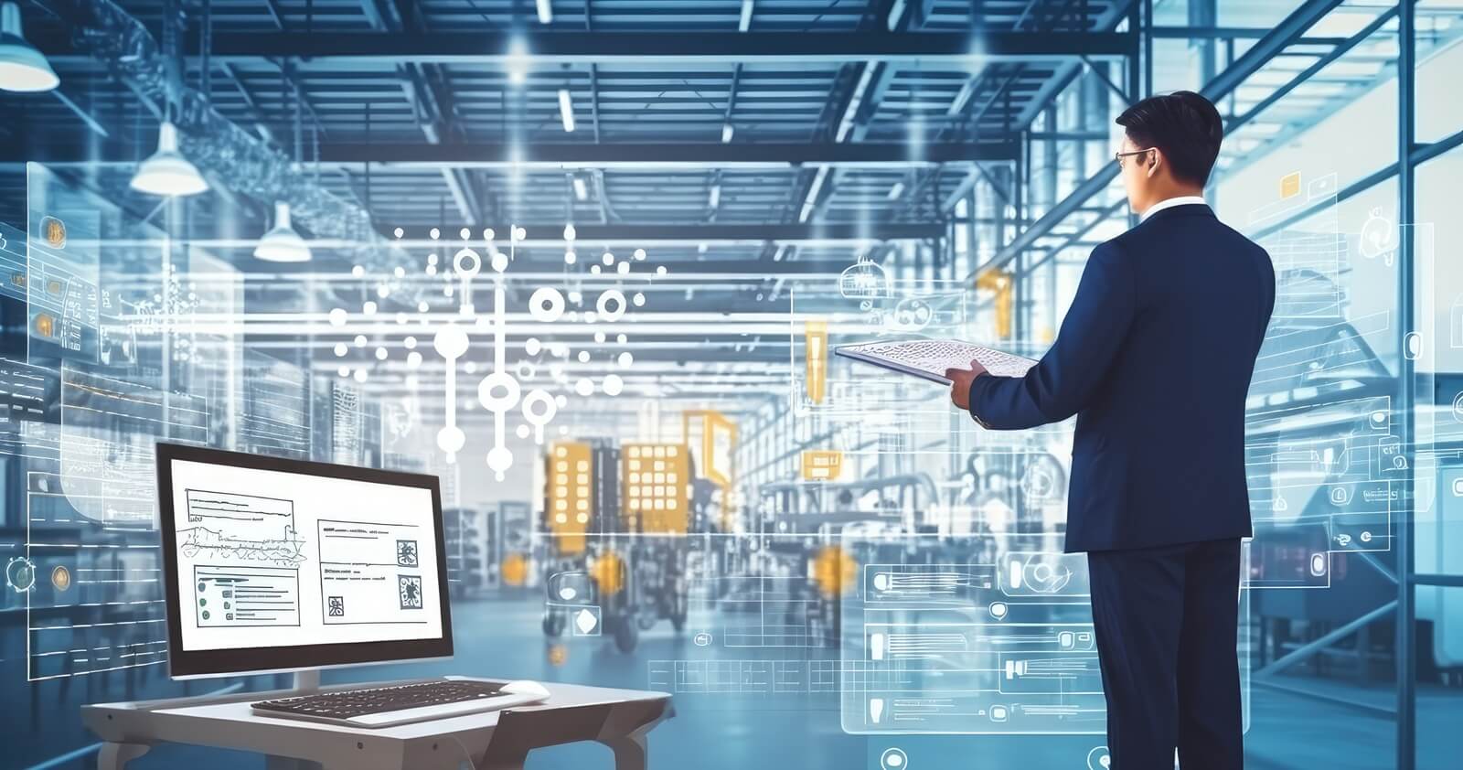 man standing in front of a computer screen