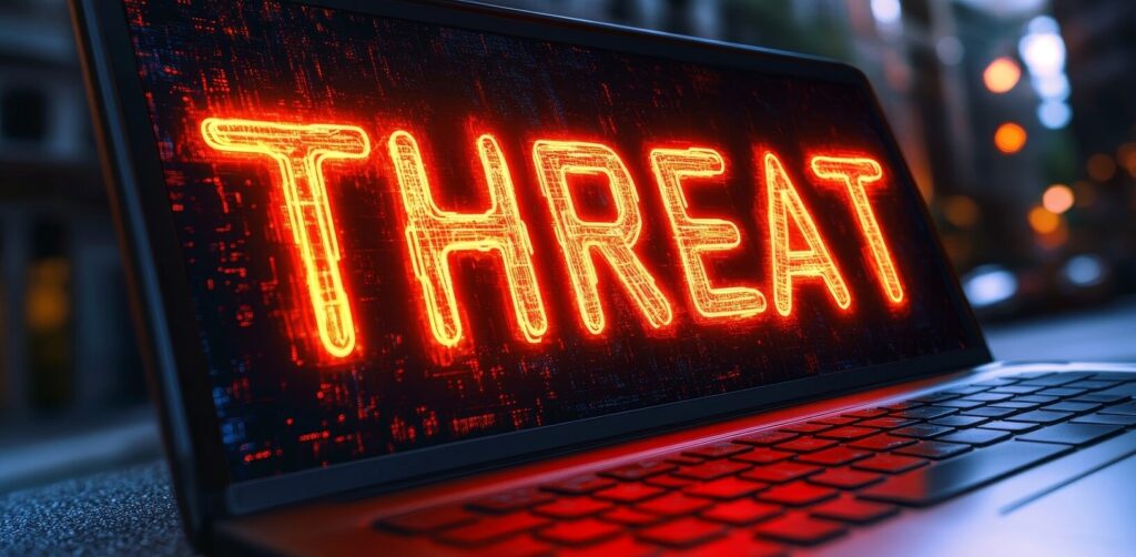 neon threat warning sign illuminated on a laptop screen - 2025 cyber threat landscape