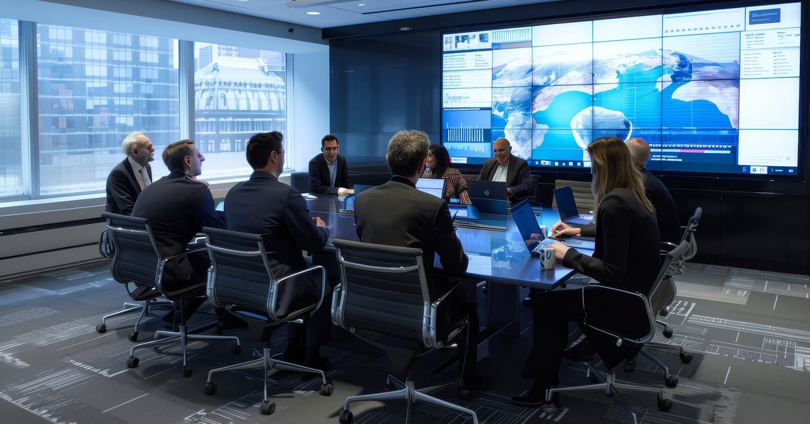 panoramic office executives analyzing data, engaging in animated discussion with diverse expertise