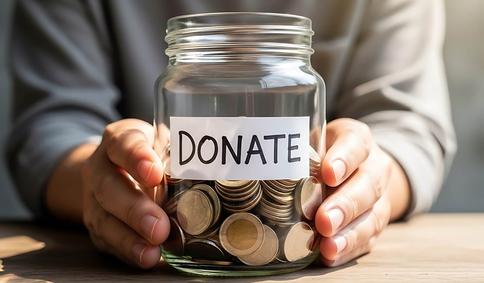 person's hands cradle a glass jar filled with coins, a white label with the word DONATE affixed to its side