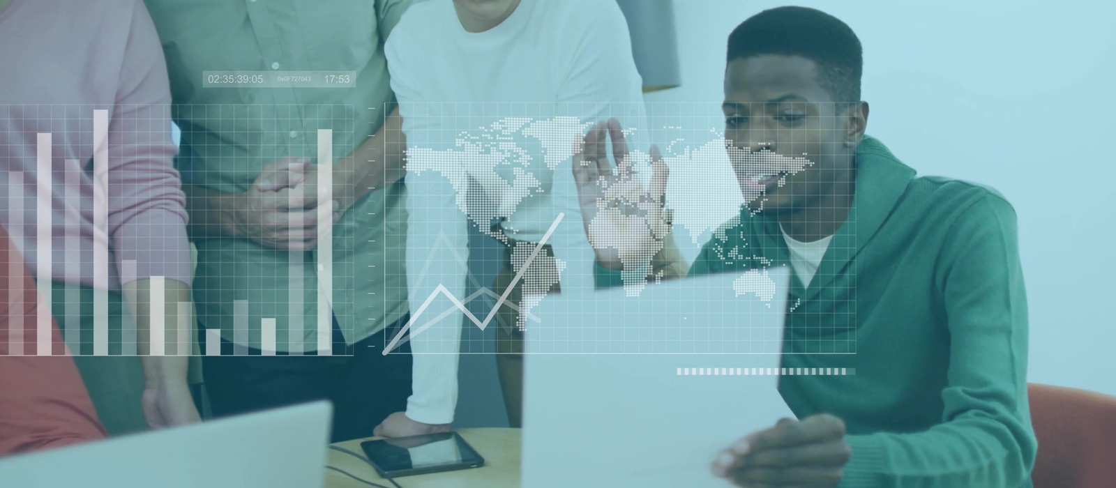 professionals collaborating around conference table, reviewing printed reports, devices and overlay
