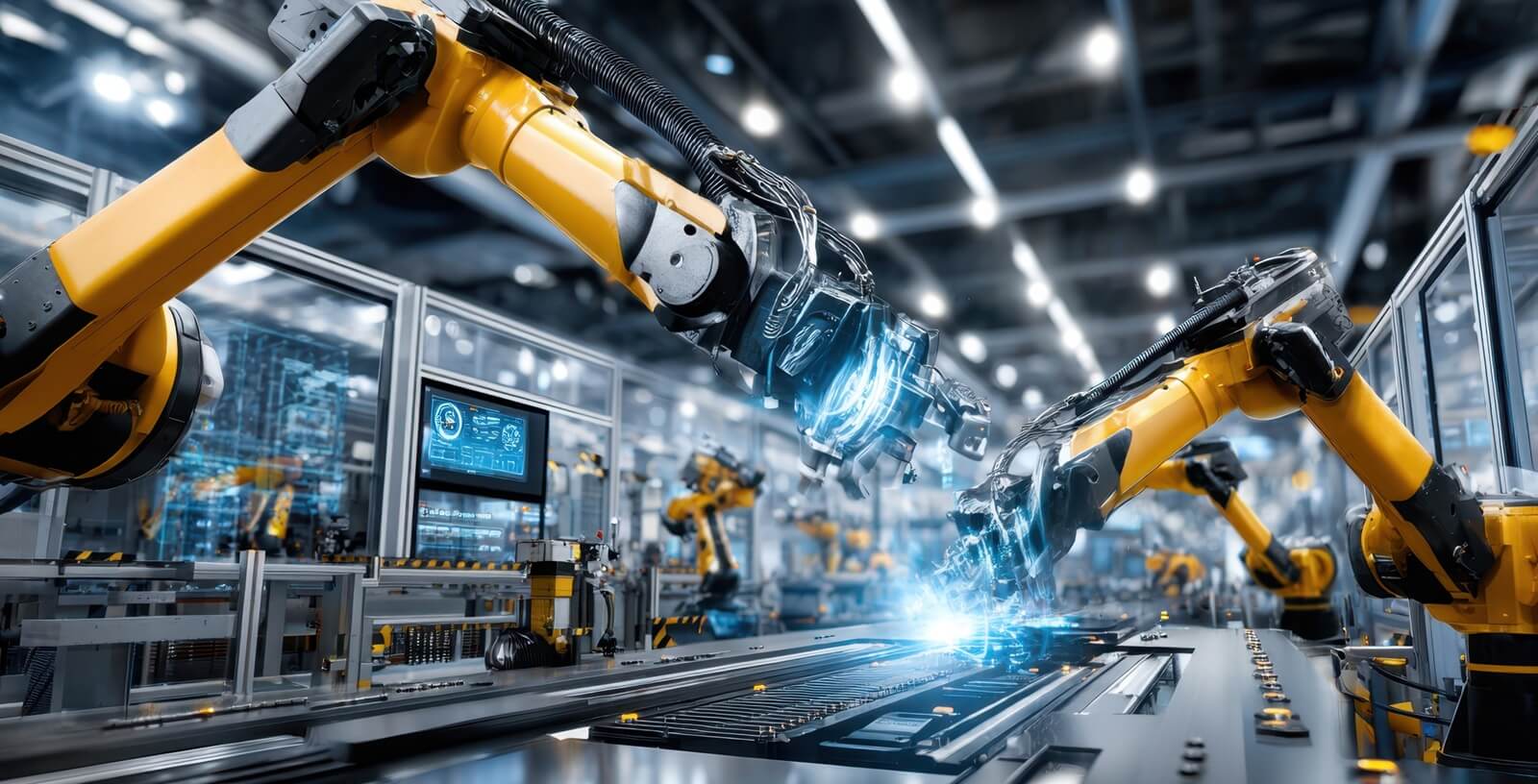 robotic arms working on an assembly line inside a modern factory