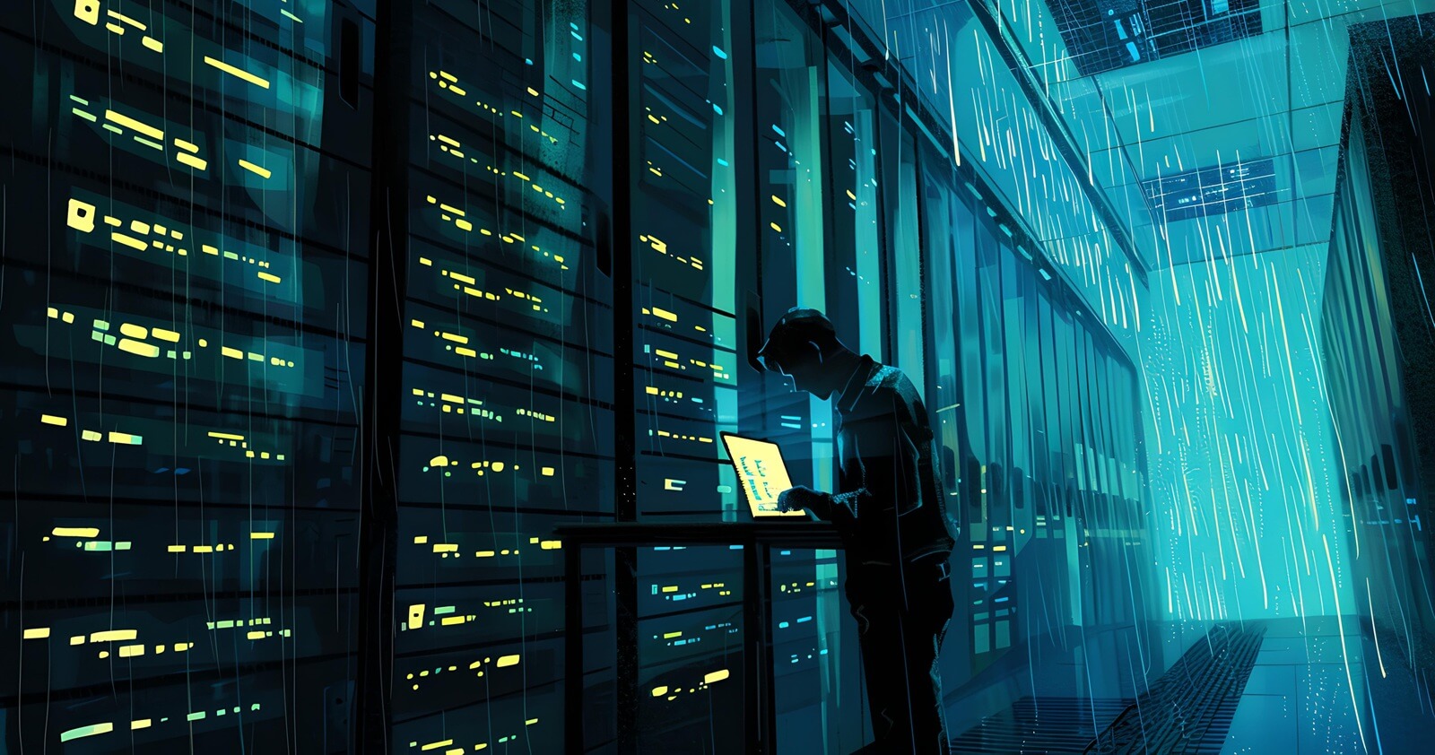 silhouetted figure at laptop in futuristic server room