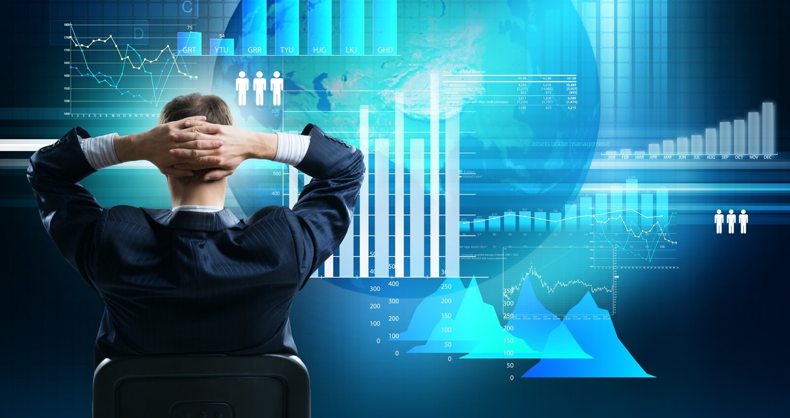 view of businessman sitting on chair with hands on head looking at virtual panel