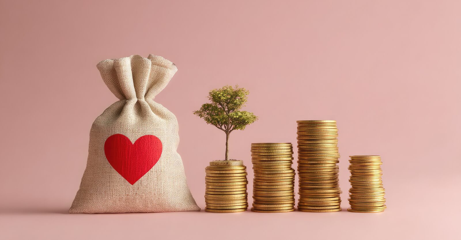 visually appealing image depicting a money bag with a heart symbol next to stacks of coins and a small tree