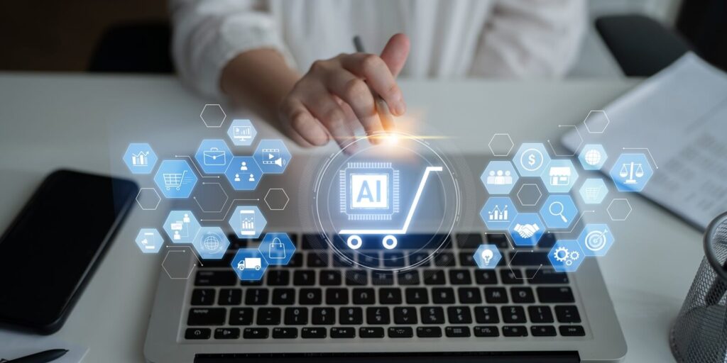 AI-powered e-commerce ecosystem connecting customer data, marketing, logistics, product management, and business intelligence to drive retail efficiency and digital growth