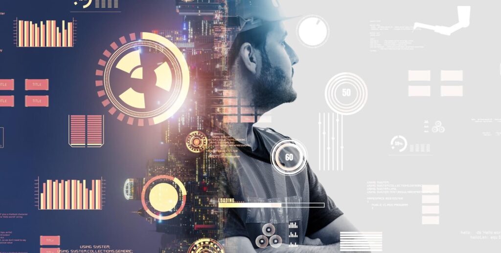 Future building construction and inventive engineering project concept with HUD hologram graphic design