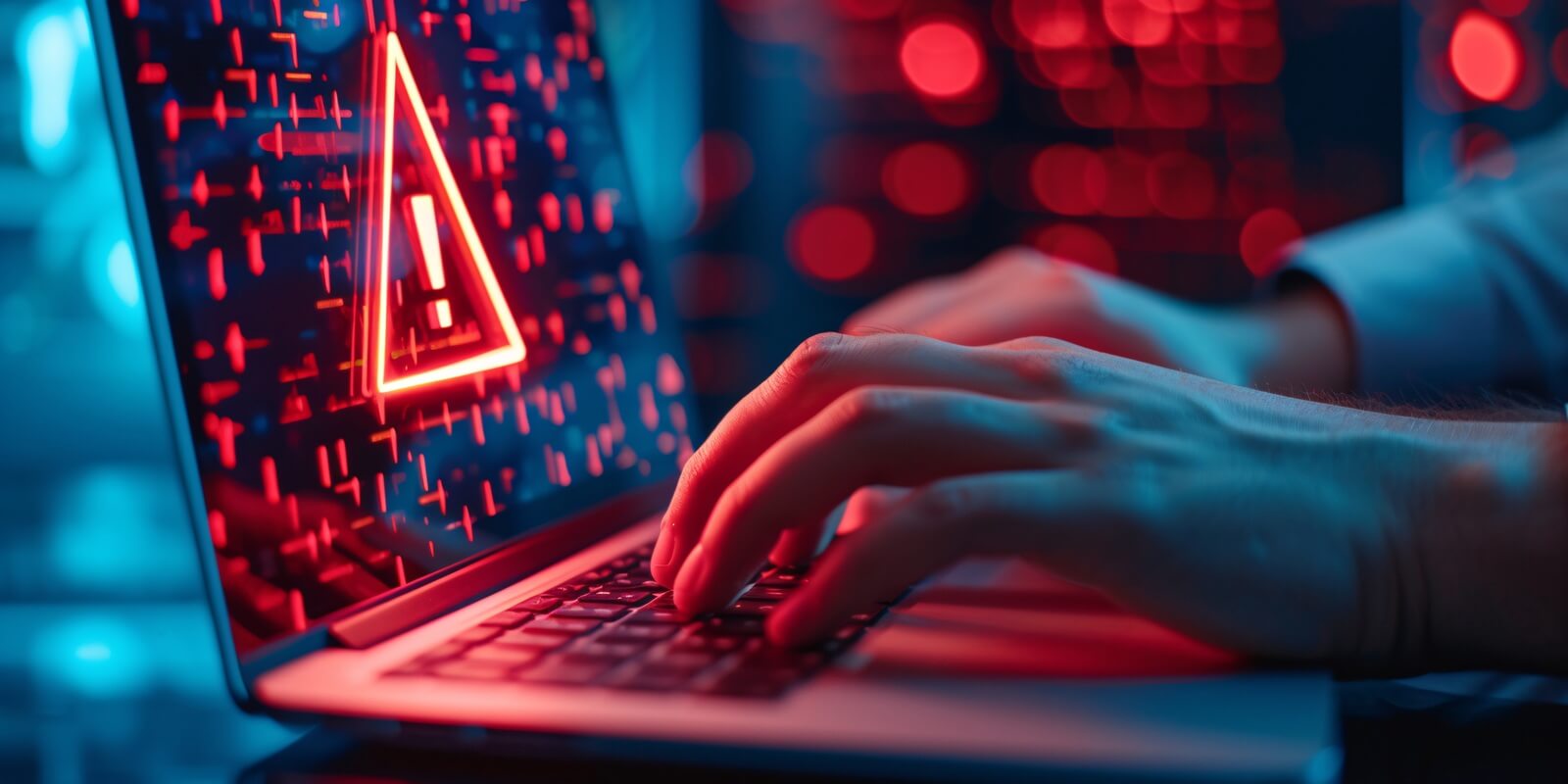 businessman using a laptop with a triangular warning symbol for malware, representing the threat of cyber attacks and password breaches