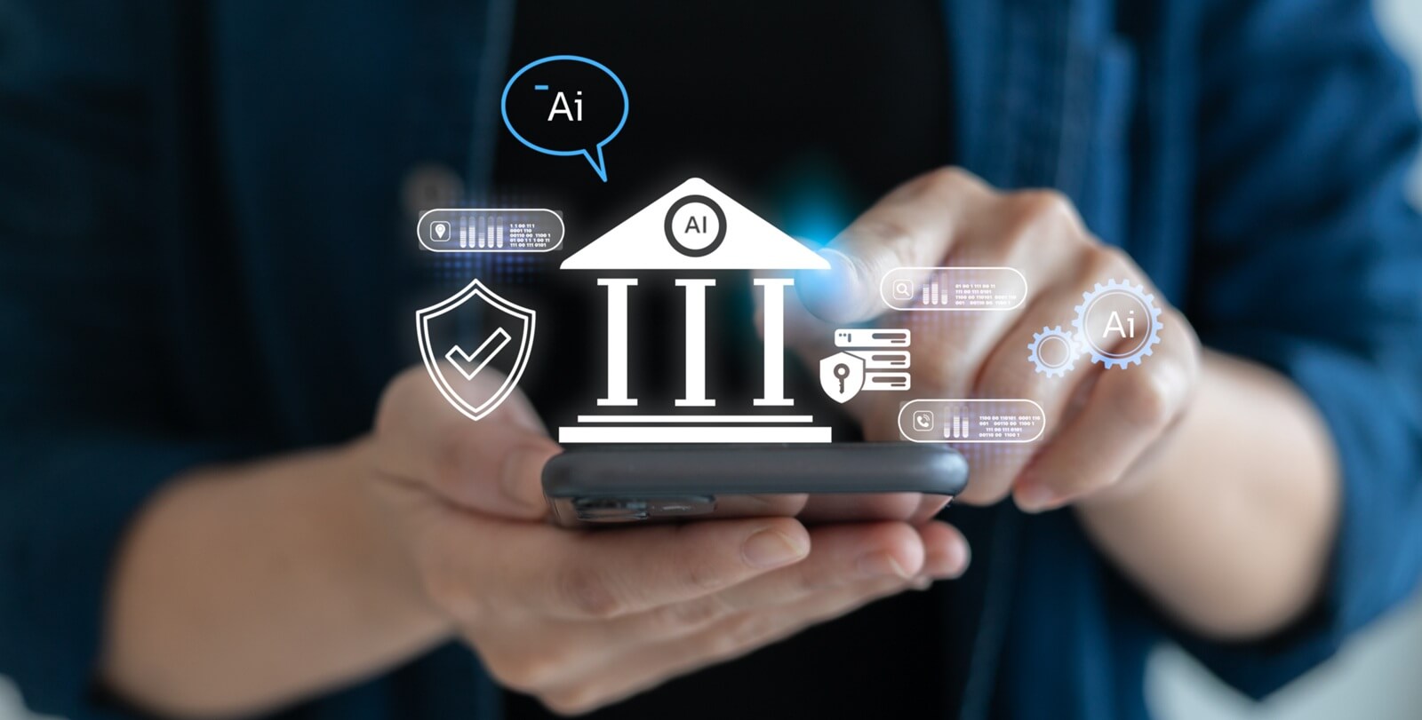 businessman using smartphone with hologram showing AI banking system, fintech, cybersecurity