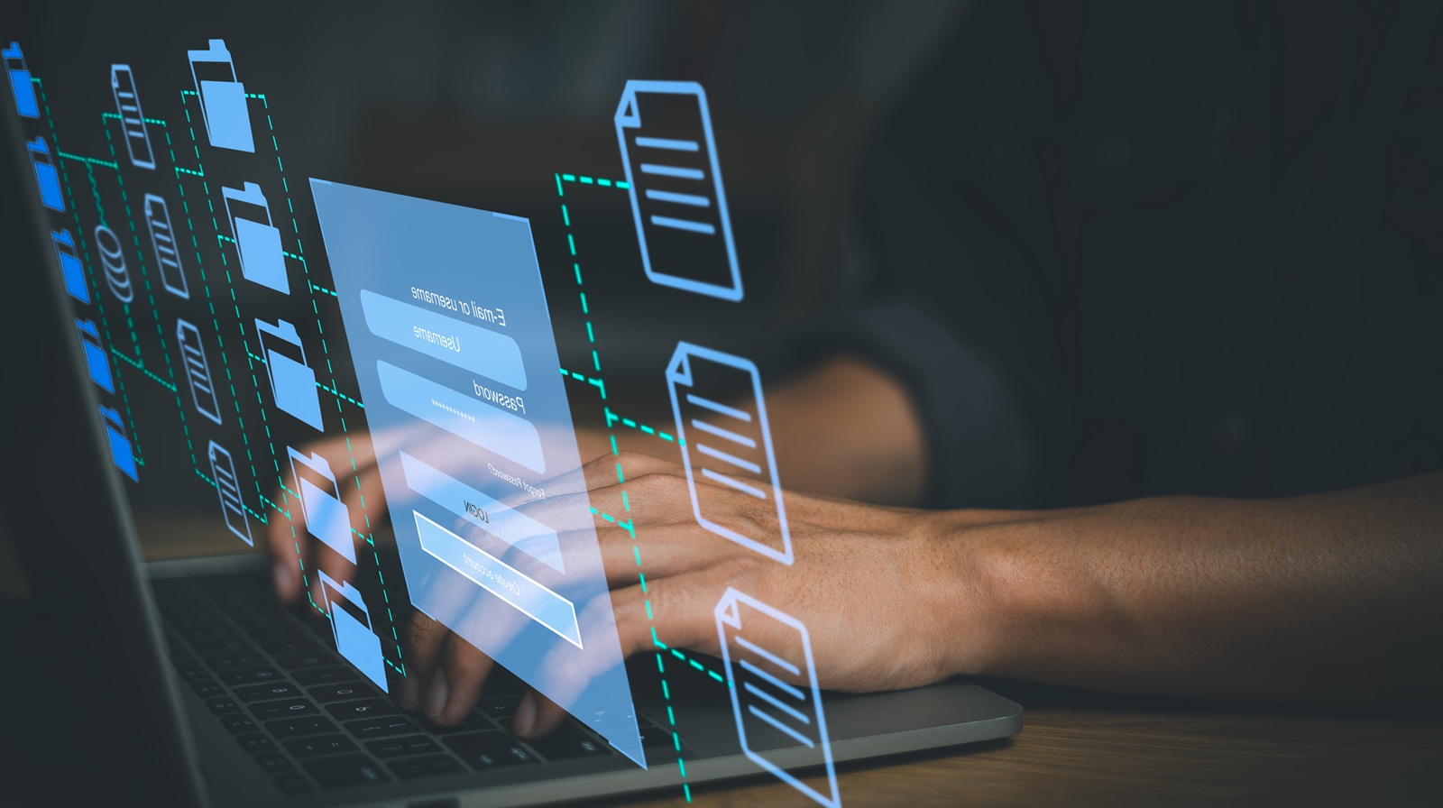 Cloud computing system to search for information and database documents Internet. Ai, Security, Man working with tablet on his desk and pointing pen at the clouds. Digital accessibility