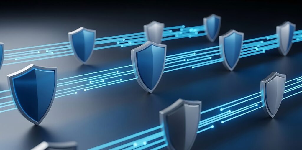 dark background features multiple metallic shields, some in deep blue and others in silver