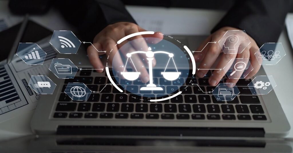 digital law interface displaying justice scale, highlighting digital law, AI compliance, digital law systems