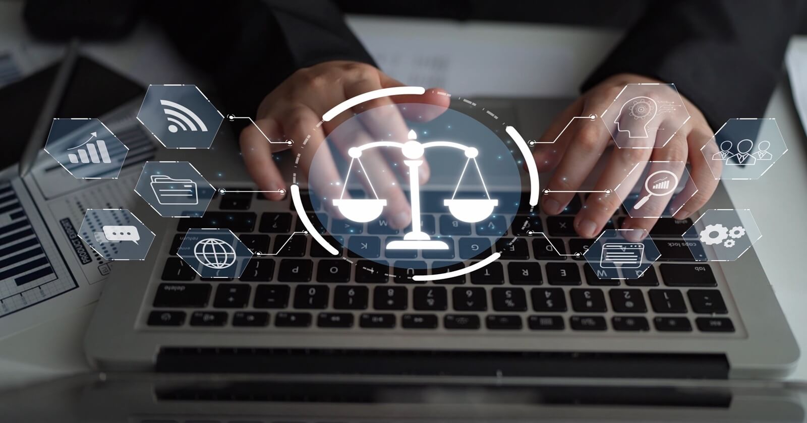 digital law interface displaying justice scale, highlighting digital law, AI compliance, digital law systems