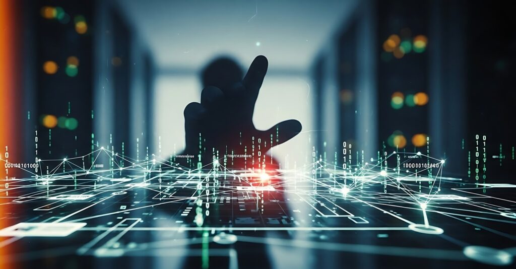 finger pointing at abstract glowing digital business interface