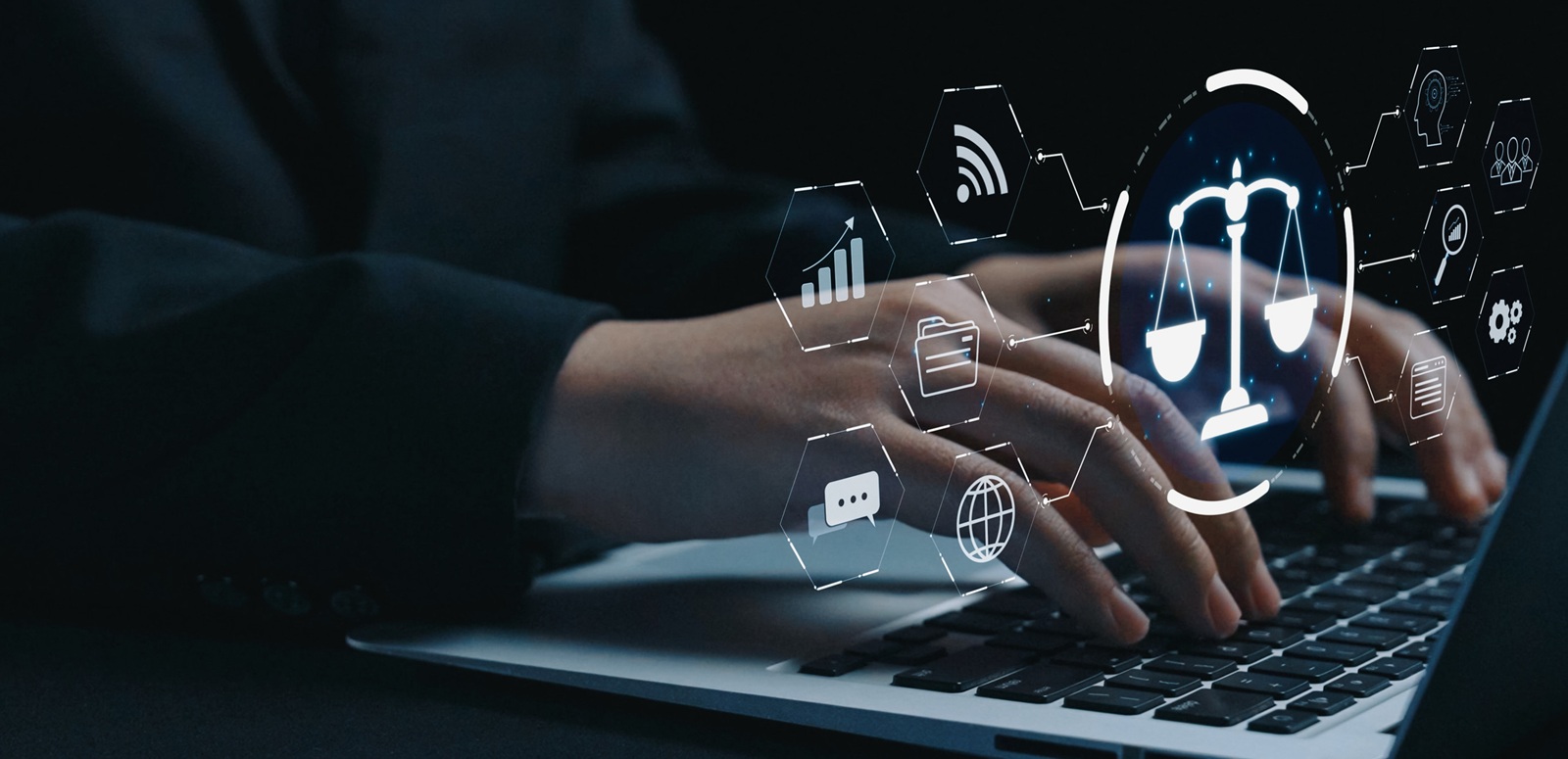 futuristic digital law interface displaying justice scale