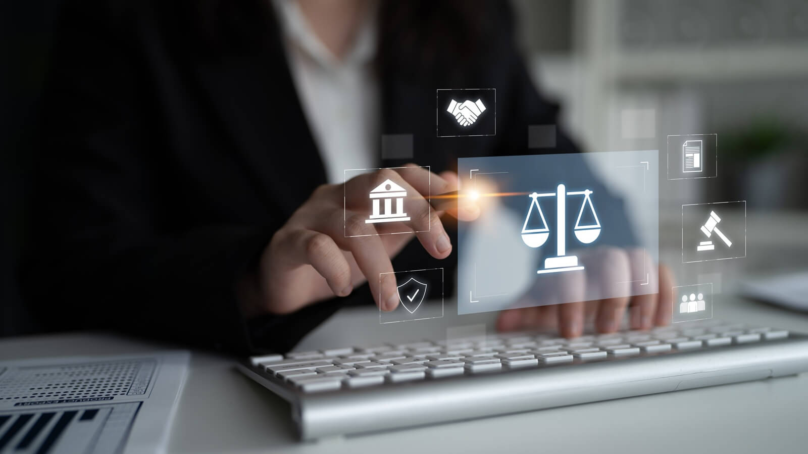 legal compliance and governance concept showing justice scale, courthouse, contract, policy, agreement, rule, and protection of rights in legal or business environment