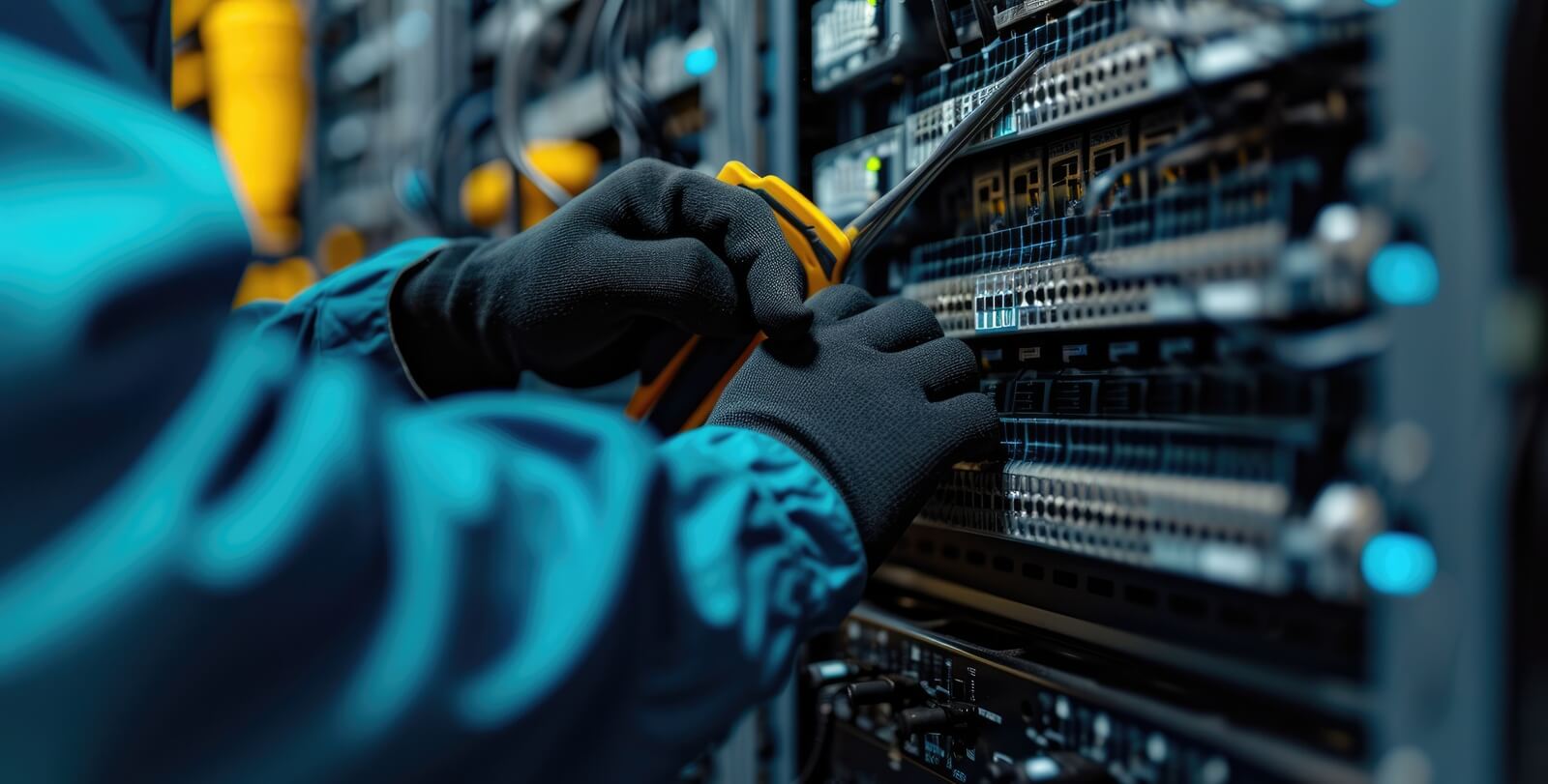 man in electric blue engineering attire is performing gestures while working on a server in a data center