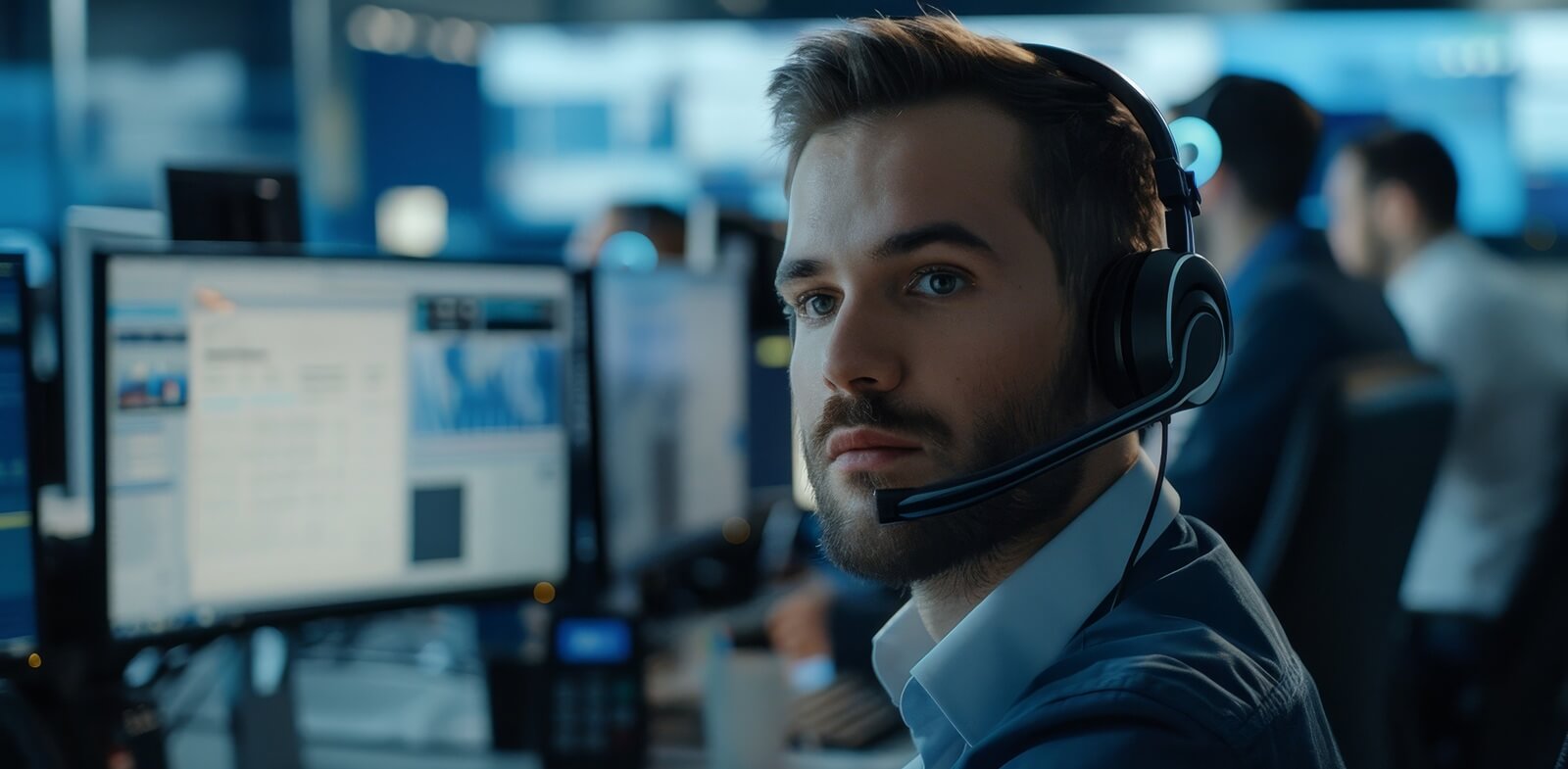 man wearing a headset is sitting at a desk with several computer monitors