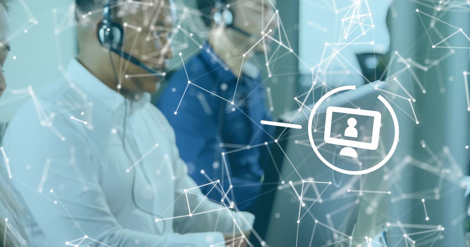 media icons with shapes over diverse business people using phone headsets in office