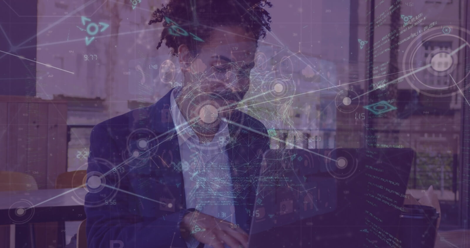 network of connections over caucasian businessman using laptop at a cafe