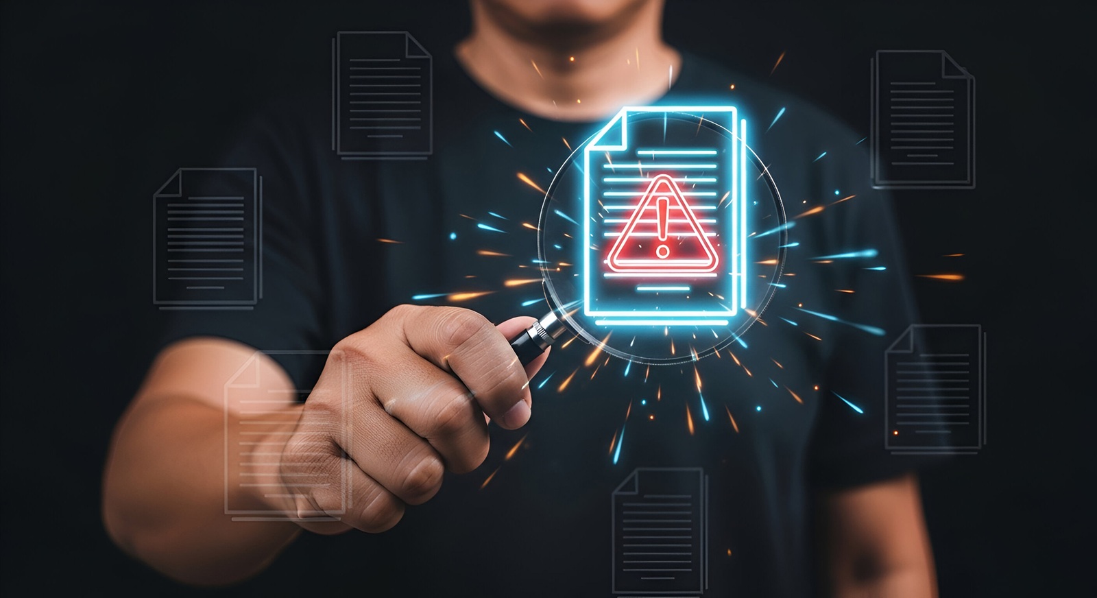 person holds a magnifying glass over a glowing digital document displaying a red warning triangle