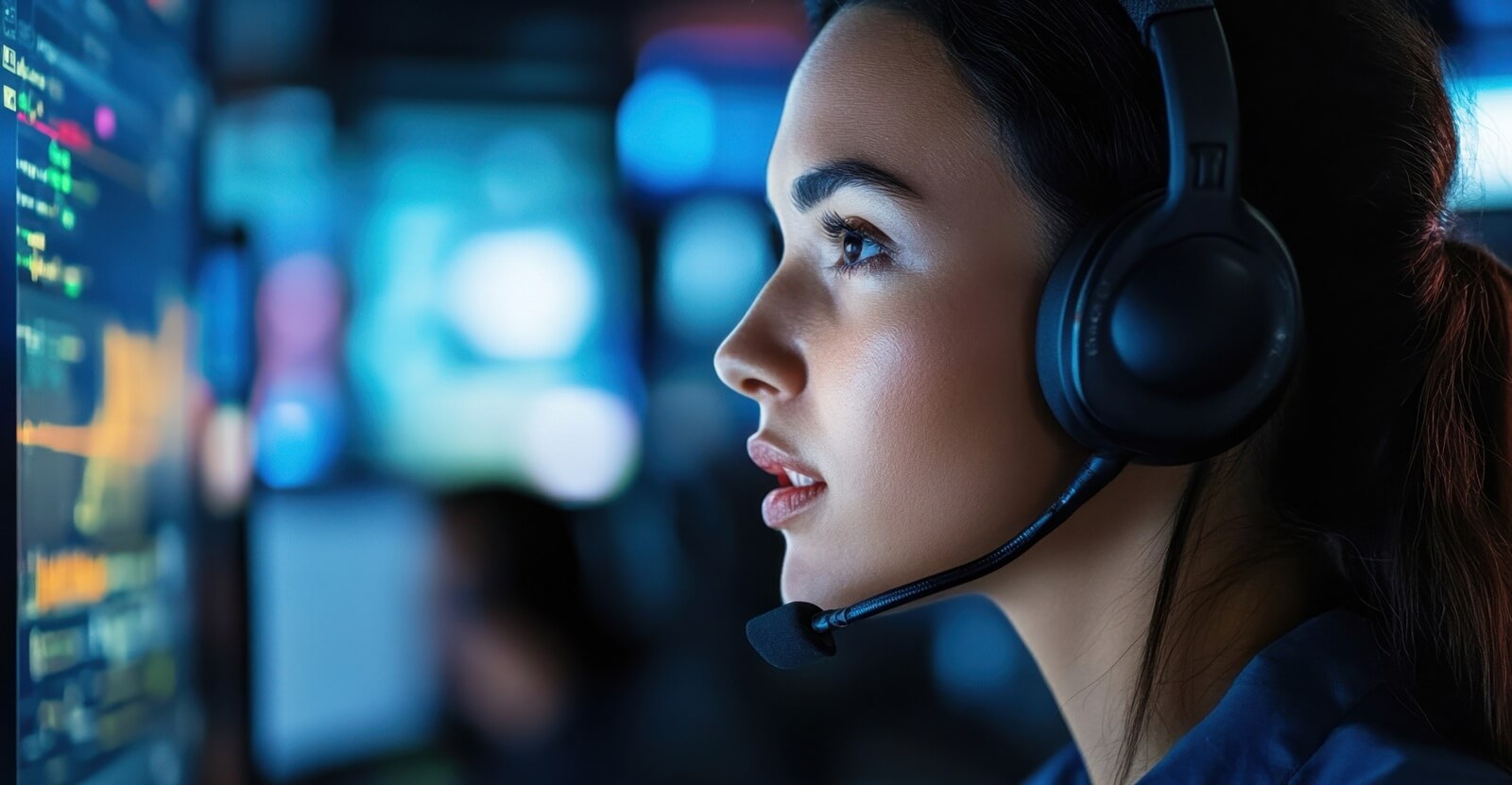 professional female operator is engaged in her work wearing a headset. She is focused on the digital screens around her, embodying modern technology and communication
