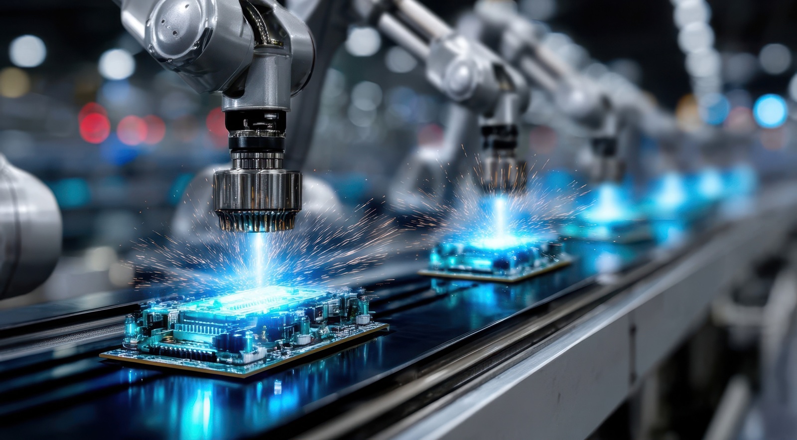robotic arms work efficiently to assemble circuit boards on a production line in a modern factory - ai manufacturing cybersecurity