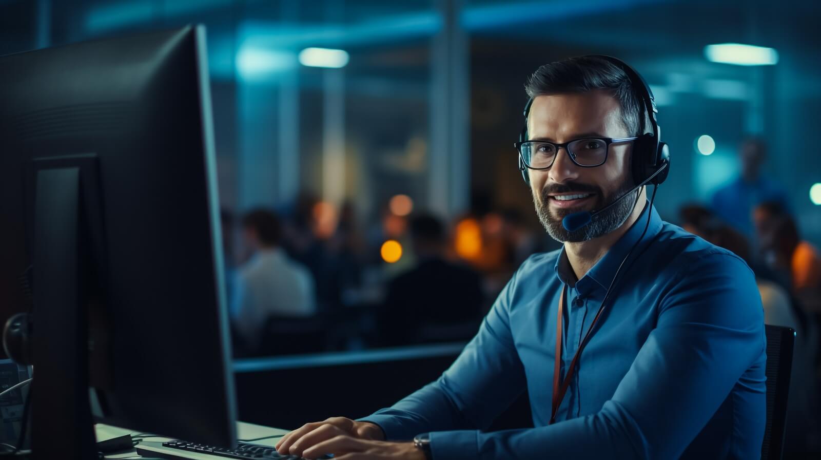 skilled millennial caucasian businessman in glasses wearing headphones with mic, taking part in online web camera negotiations meeting using computer app