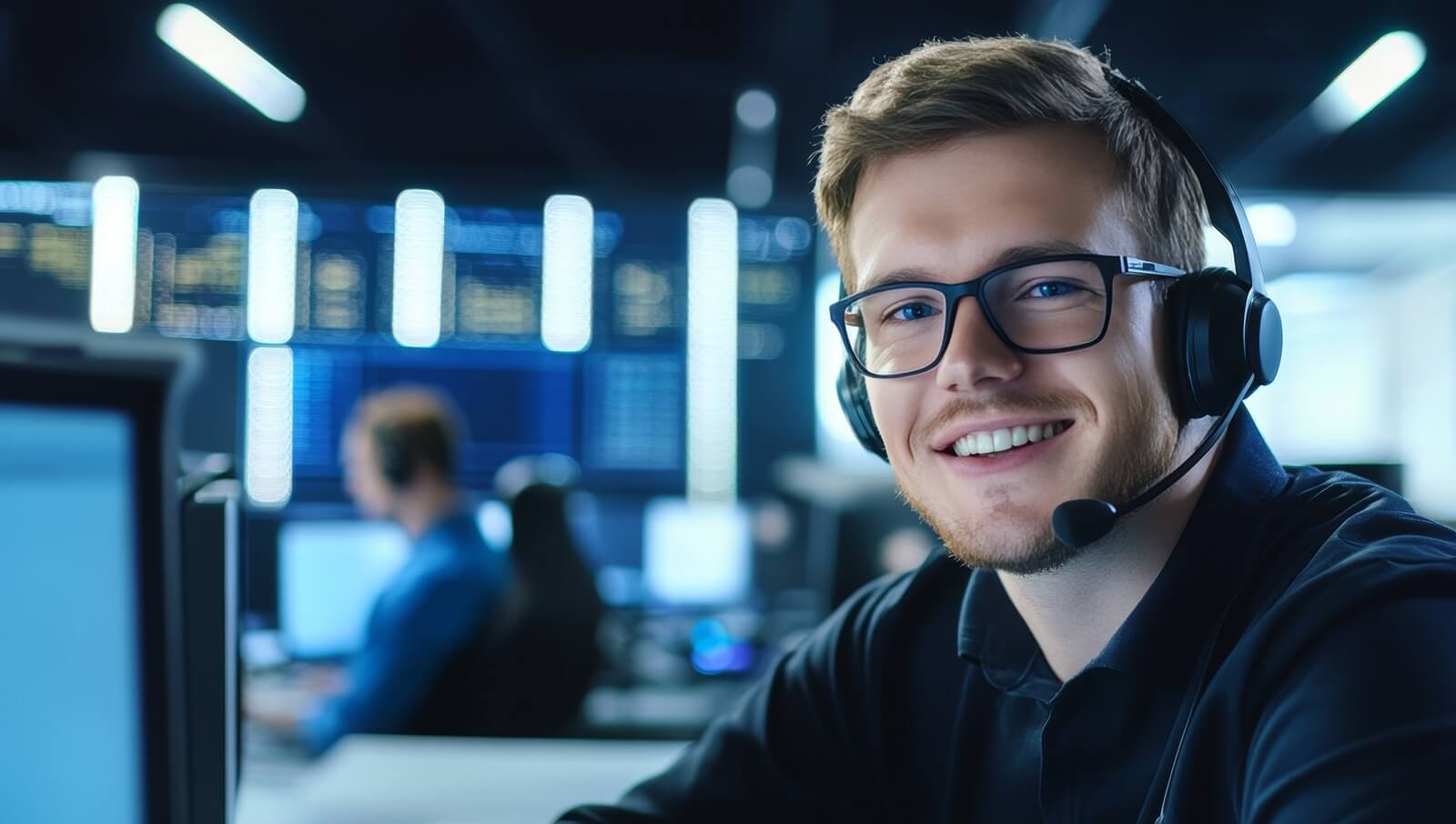 smiling call center agent in glasses conveys positivity on a phone call while working in a dynamic, busy office setup