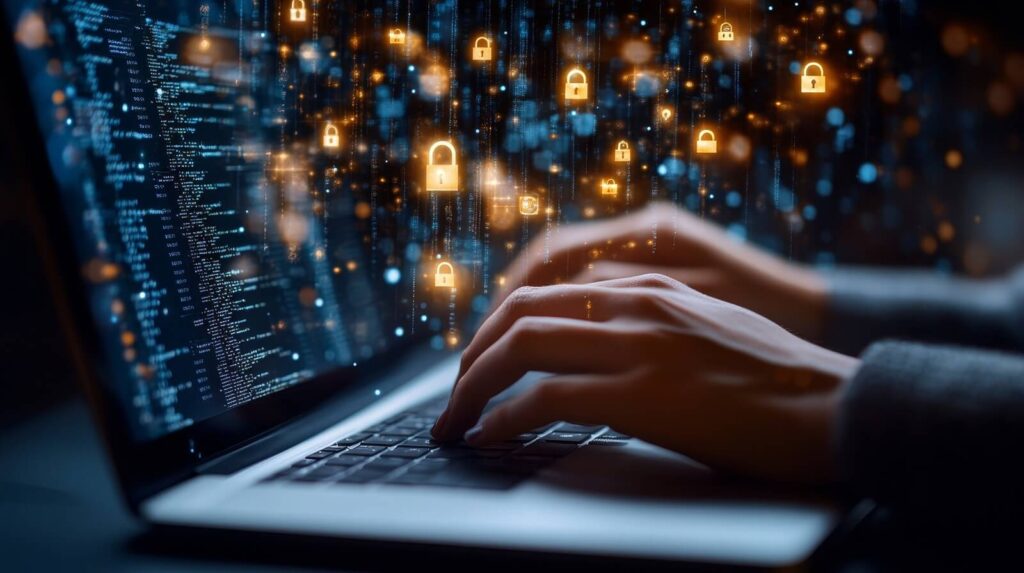 software developer typing code on laptop with digital padlock icons for cybersecurity concept