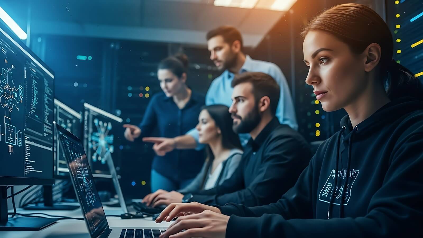 team of young software developers working together in modern software development studio