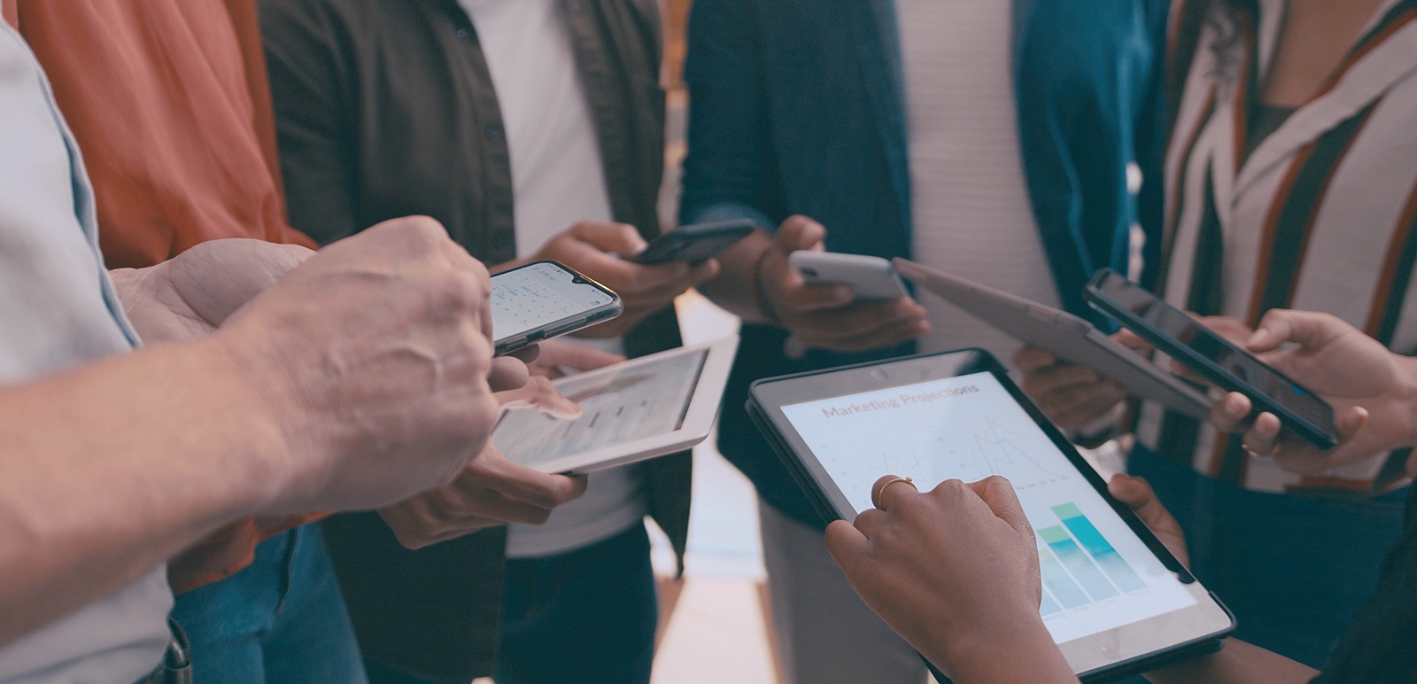 tech and hands with business people in office for research