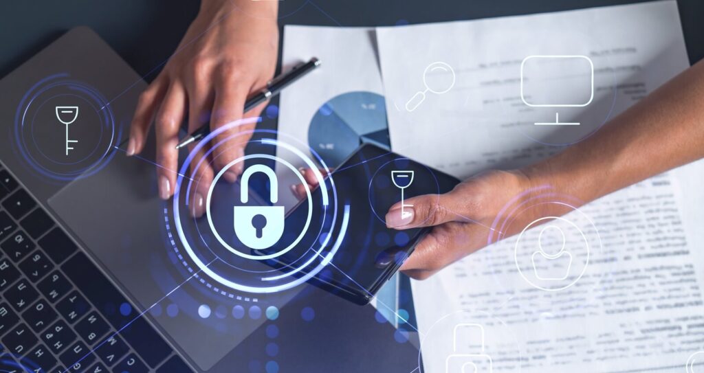 woman programmer is typing a code on computer to protect a cyber security from hacker attacks and save clients confidential data