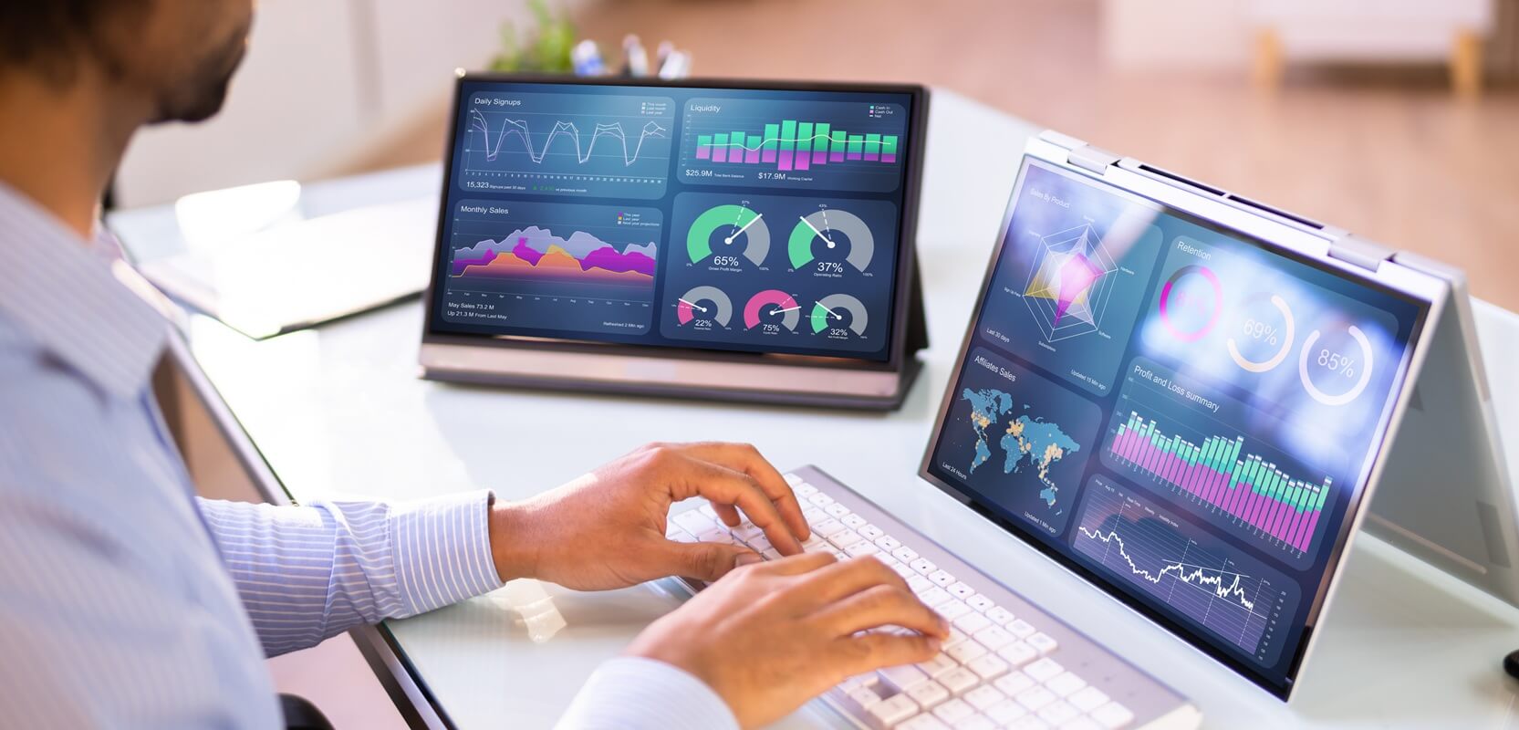 African Businessman Using Analytics Data KPI Dashboard Tech