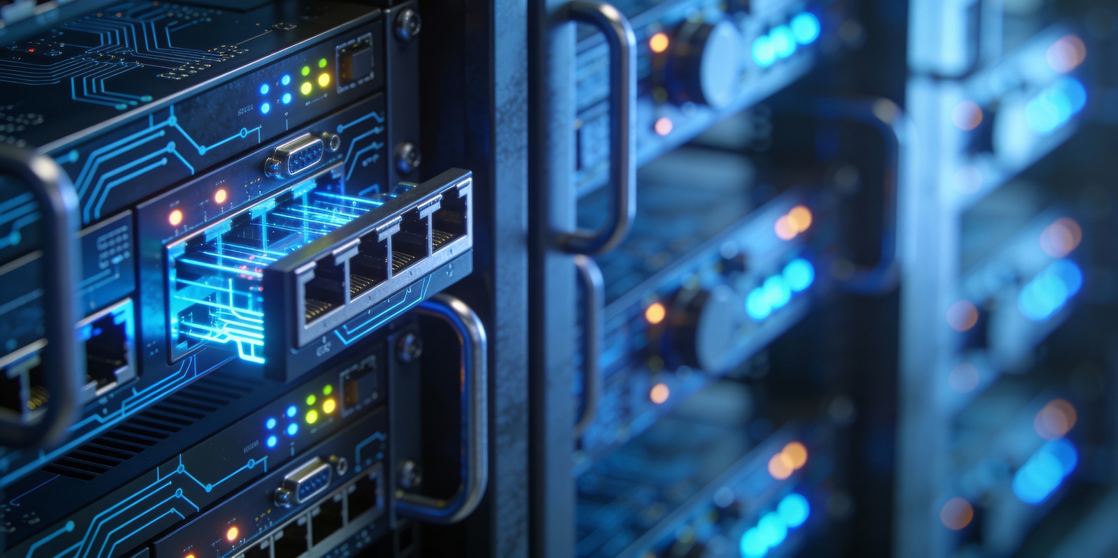 Close-up of glowing server rack details