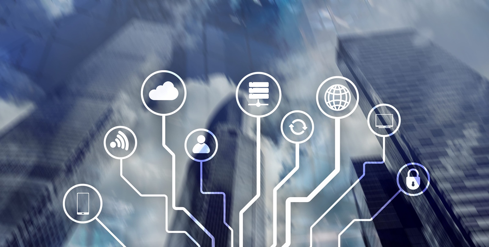 Telecommunication and IOT concept on blurred business center background.