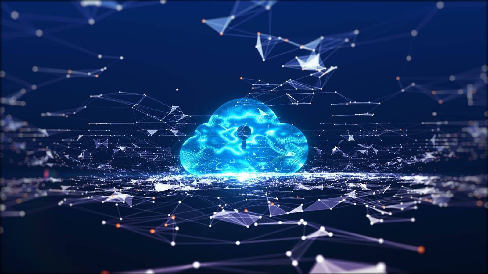 a luminous blue cloud floats amid a web of interconnected nodes, symbolizing the power of cloud computing and the future of technology