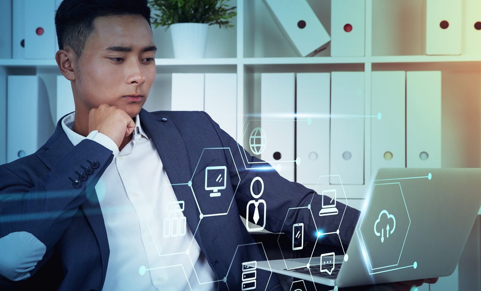 asian office man using digital device in office interior, double exposure