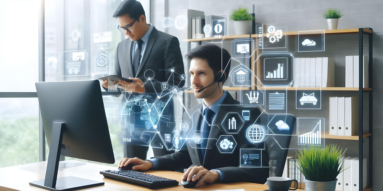 business people wearing headset working with computer in modern office with virtual icon diagram