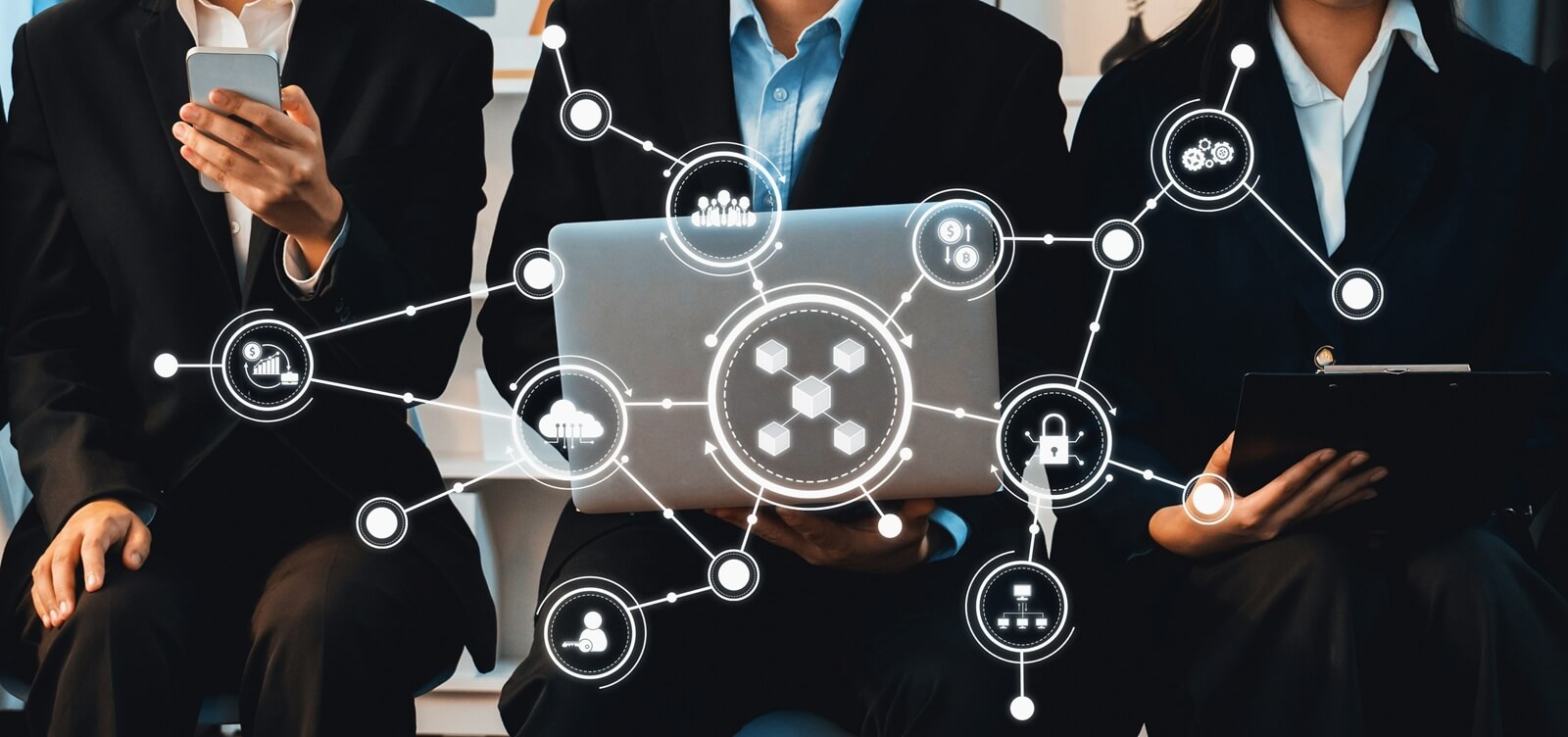 business professionals seated with devices illustrate digital connections and collaboration in a vibrant work environment (1)