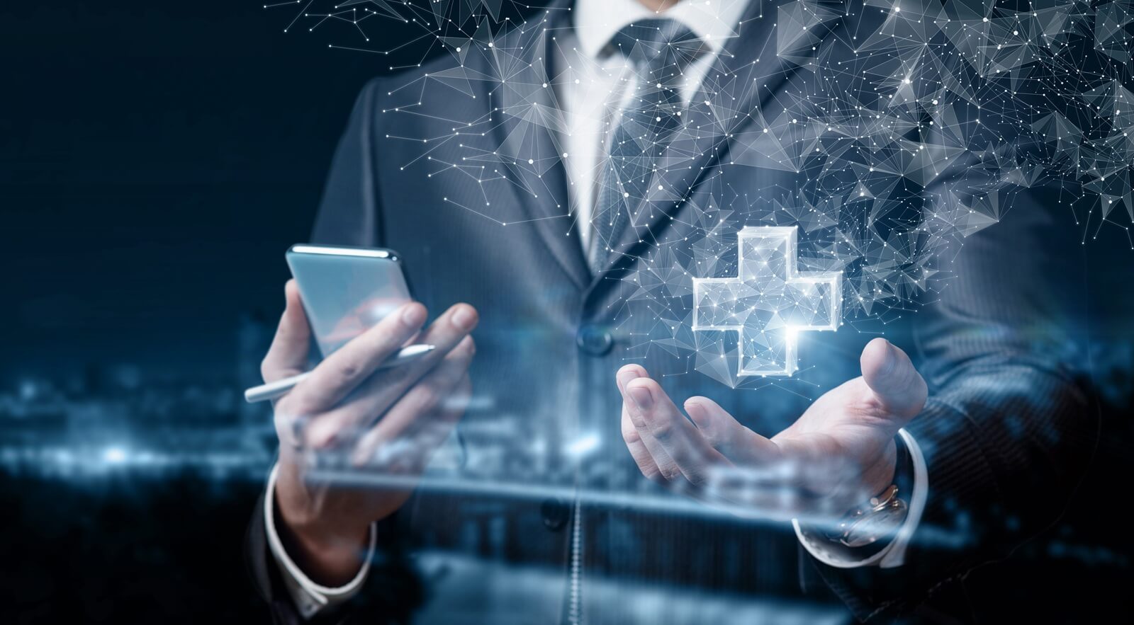 businessman shows a hologram plus appearing from the net on a blurred background