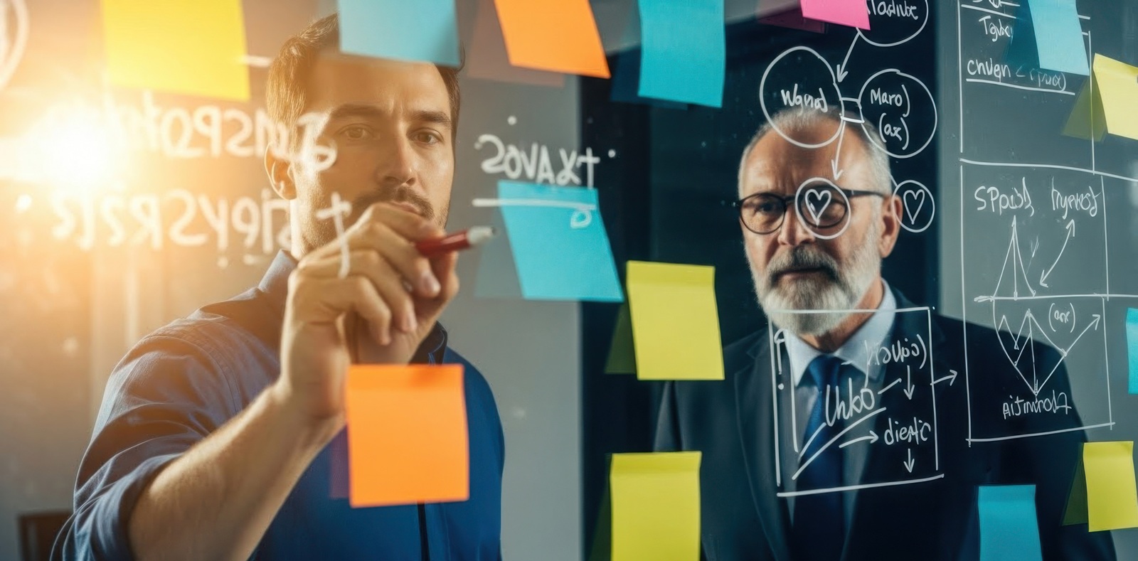 businessmen actively plan business strategies, utilizing a glass board filled with notes and diagrams to visualize concepts