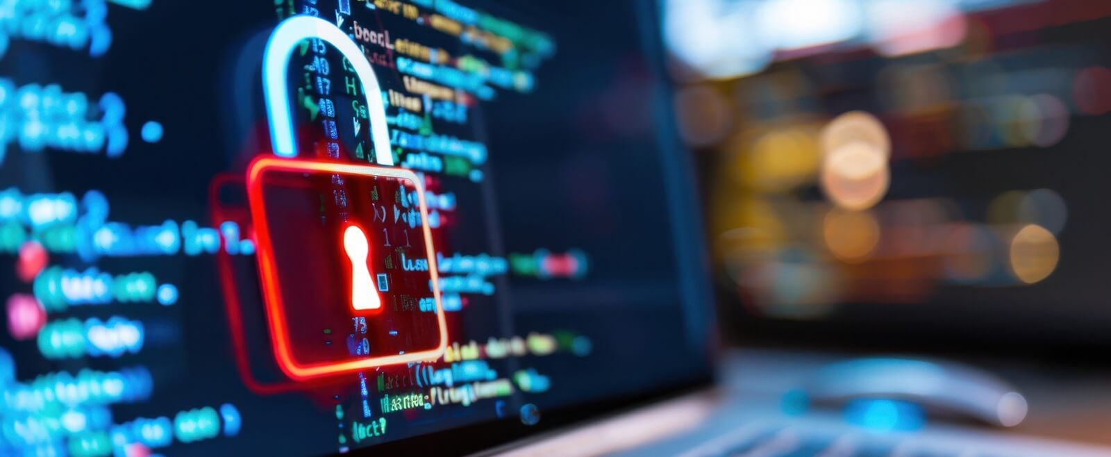close-up view of a laptop screen displaying a digital lock symbol, emphasizing online security and data protection amidst lines of code and programming elements