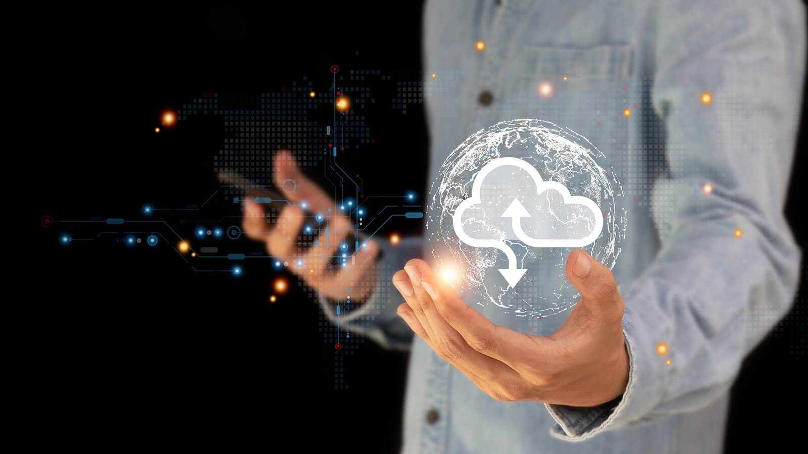 cloud computing shown in hand cloud technology data storage, data transfer, network and internet service concept