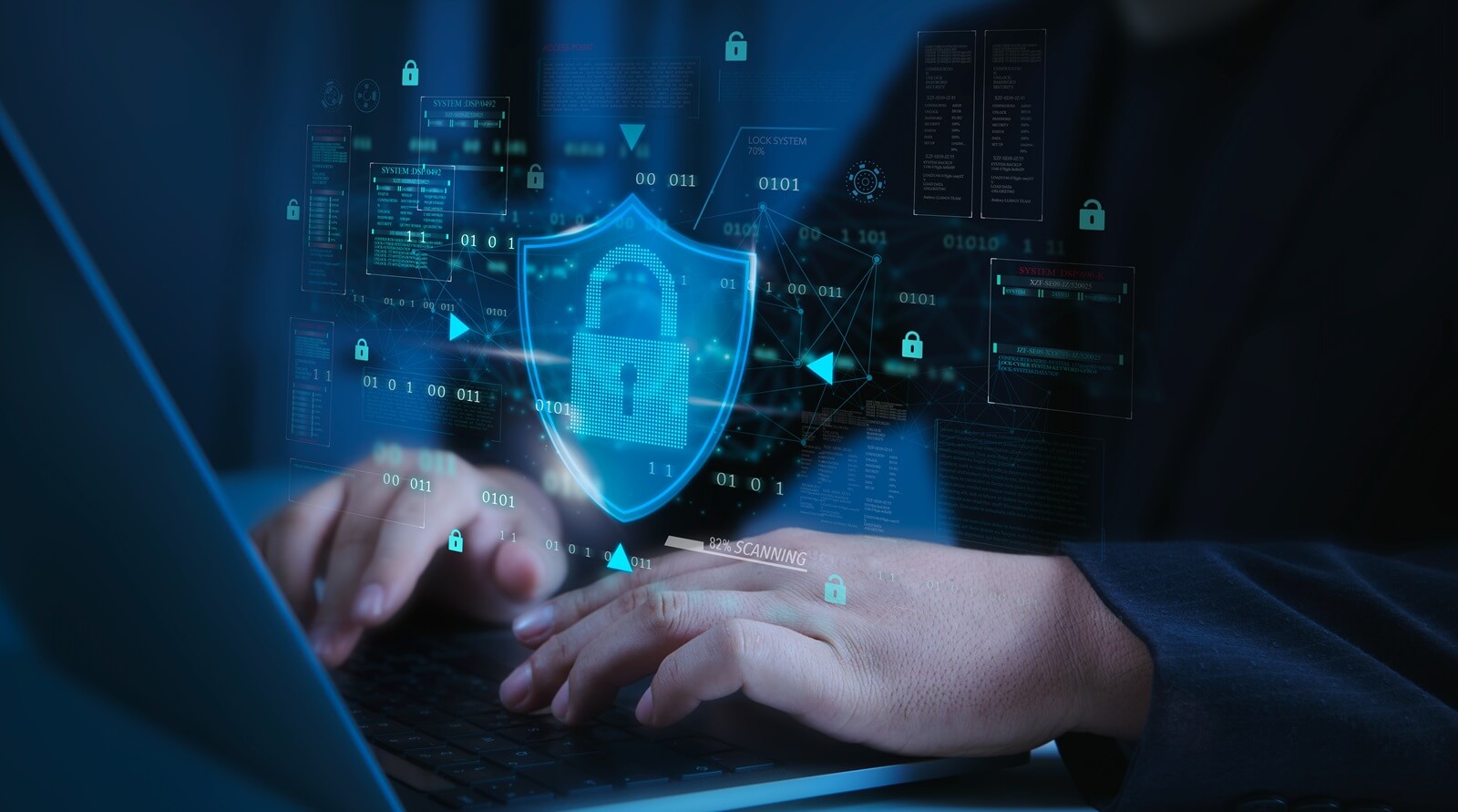 cybersecurity shield lock secures data on laptop