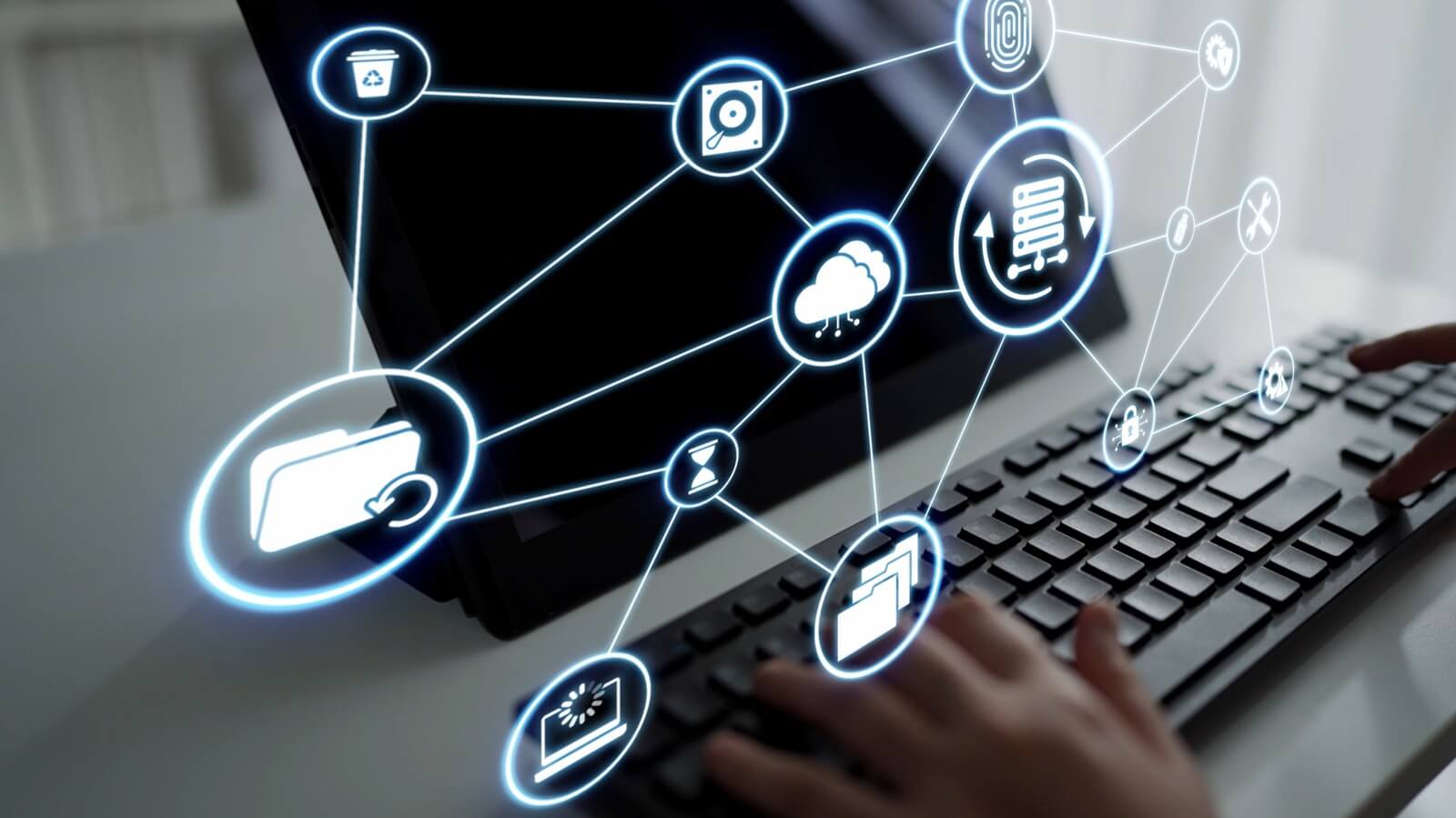 data recovery icons show backup, data recovery process, and secure restoration