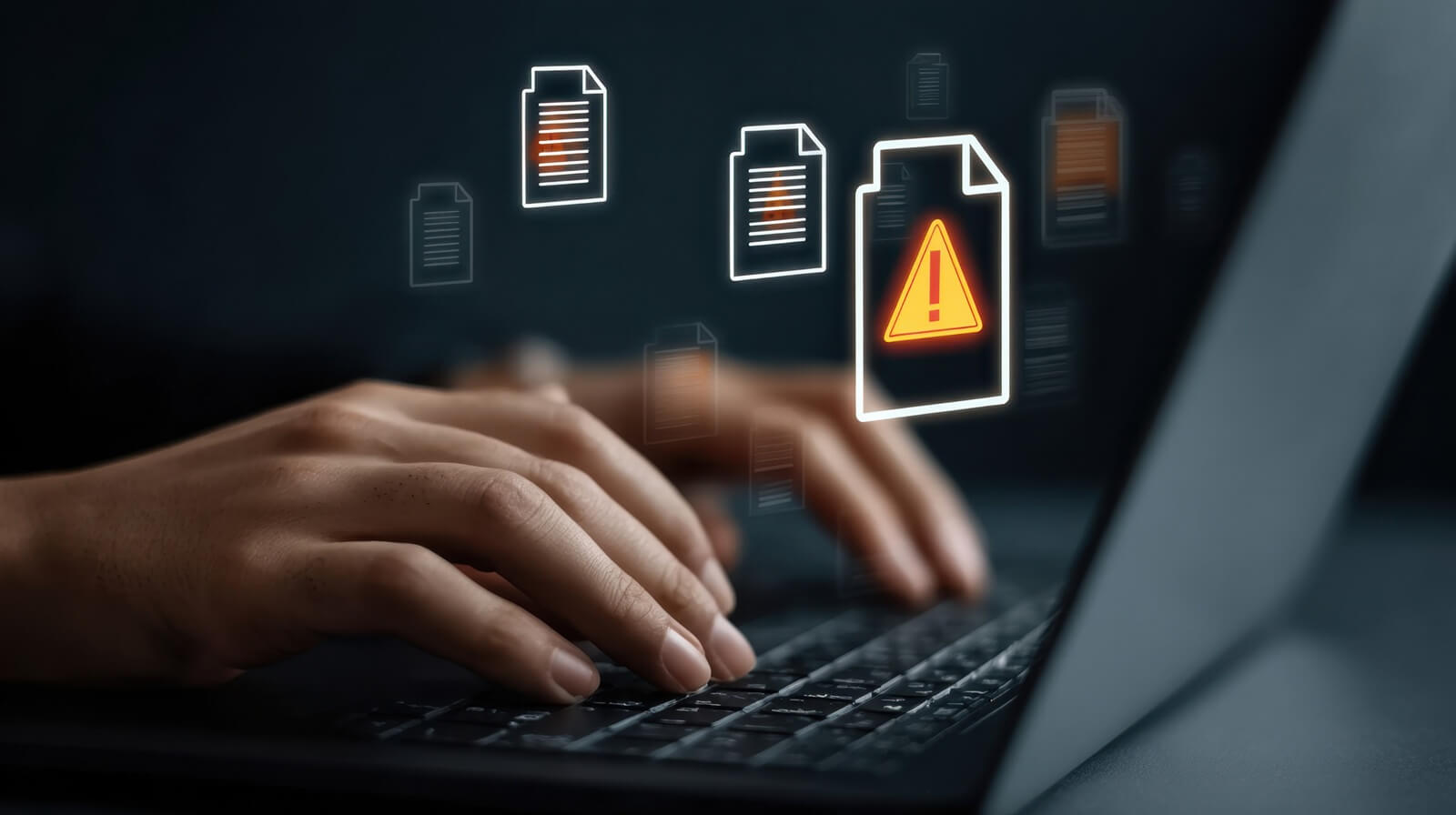 focused individual is typing on a laptop, surrounded by digital file icons and an alert symbol
